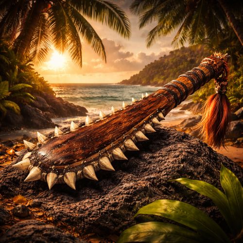 Leiomano depicted in mythic art as a shark-toothed club symbolizing strength, protection, and warrior skill.