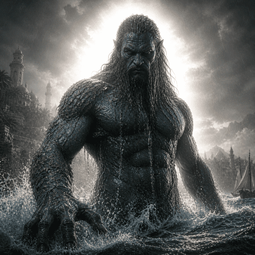 Marid depicted in mythic art as a powerful ocean spirit symbolizing pride, strength, and ancient magic.