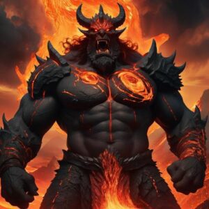 Surt depicted in mythic art as a fiery giant symbolizing destruction, chaos, and the end of the world.