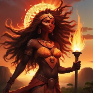Walu depicted in mythic art as a radiant sun spirit symbolizing life, warmth, and creation.