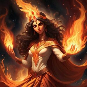 Atar depicted in mythic art as a sacred embodiment of divine fire and purity.
