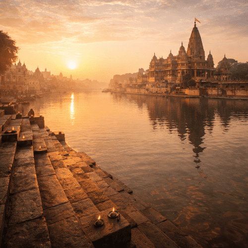 Ayodhya depicted as a sacred ancient city symbolizing devotion, heritage, and divine legacy.