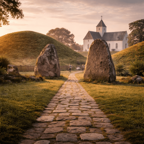 Jelling Stones as ancient rune stones symbolizing Viking kingship and the birth of Denmark.