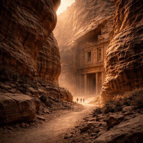 Petra as a legendary rock-cut city symbolizing mystery, trade, and ancient civilization.