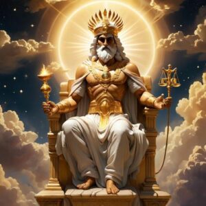 Rashnu depicted in mythic art as a divine judge symbolizing truth, justice, and moral order.