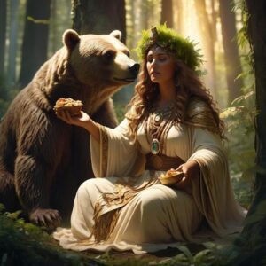 Artio depicted as a powerful divine figure associated with bears, symbolizing strength, protection, and abundance