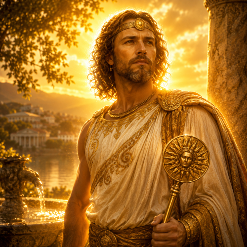 Belenus, the Breton god of healing and light, standing in a sunlit Celtic sanctuary