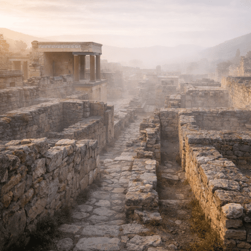 Labyrinth of Knossos depicted as a vast, ancient maze symbolizing mystery, ingenuity, and the legend of the Minotaur