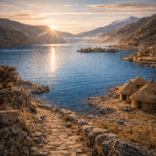 Lake Titicaca depicted as a sacred lake symbolizing creation and ancient Andean legends.