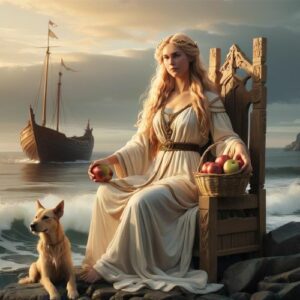 Nehalennia depicted as a serene maritime goddess symbolizing protection, travel, and abundance across the sea