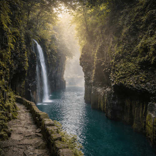 Takachiho Gorge as a sacred canyon linked to Japanese legends and divine origins.