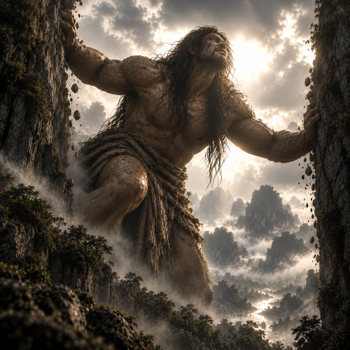 Bernardo Carpio, the legendary giant of Philippine folklore, straining between two towering cliffs