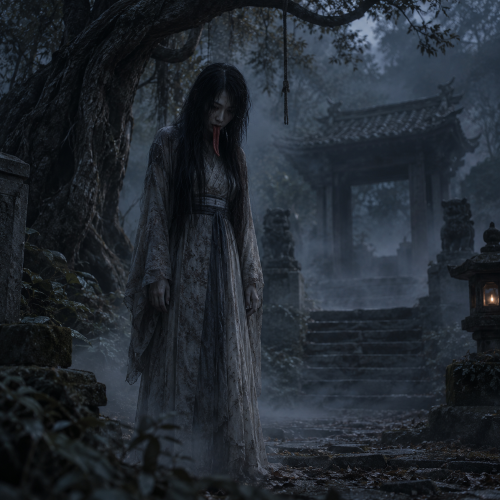 Diao Si Gui, the Hanged Ghost of Chinese folklore, standing beneath an ancient tree at a mist-covered Chinese shrine, with long dark hair, traditional robes, and a distinctive red tongue.
