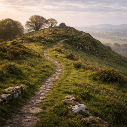 Knockma Hill depicted as a mist-covered sacred hill symbolizing fairy lore, ancient myth, and otherworldly presence