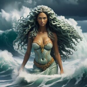 Hawaiian sea goddess Namaka with ocean waves