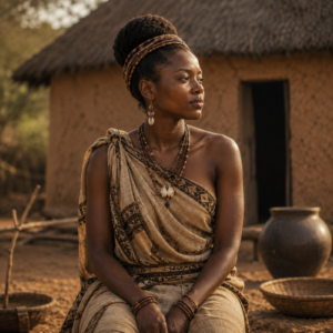 Nambi, daughter of Ggulu, wearing traditional Buganda attire in a historic Ugandan village.