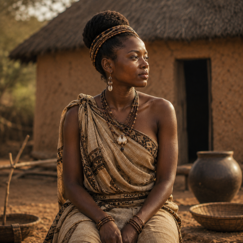Nambi, daughter of Ggulu, wearing traditional Buganda attire in a historic Ugandan village.