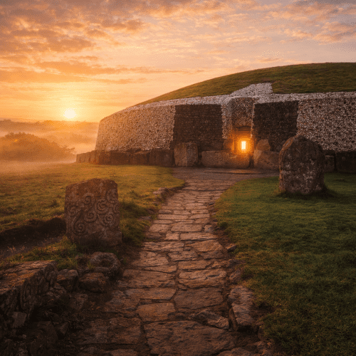 View of Newgrange, the ancient Neolithic passage tomb in Ireland, featuring its circular stone structure and grassy mound.