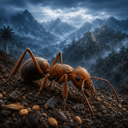 Azcatl as a giant ant in a misty valley