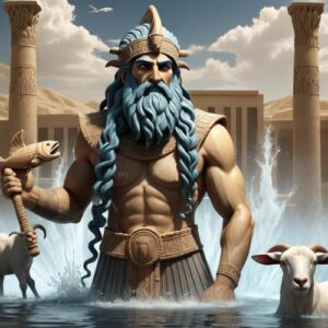 "Enki, the God of Wisdom, depicted holding a scroll and symbols of knowledge and water."