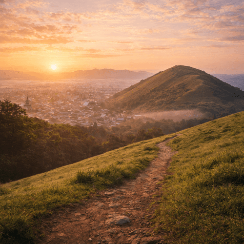View of Mount Wakakusa during its annual grass-burning festival, with flames and smoke lighting up the hillside at dusk.