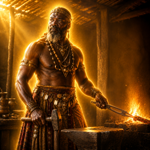 Ndomadyiri, the Bambara heavenly blacksmith deity, standing in a glowing forge with hammer and tongs surrounded by warm golden light.