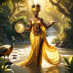 Depiction of Oshun, the Yoruba Goddess of Love and beauty, surrounded by rivers and gold.