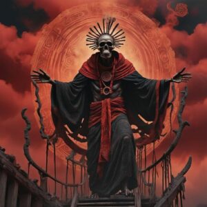 Depiction of Owuo, the God of Death in Akan mythology, shown as a fearsome figure.