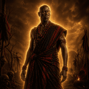 Depiction of Owuo, the God of Death in Akan mythology, shown as a fearsome figure.
