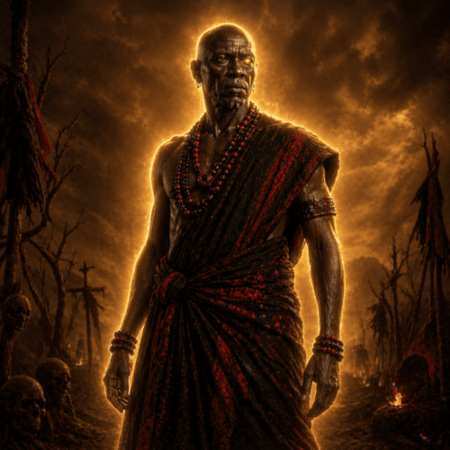 Depiction of Owuo, the God of Death in Akan mythology, shown as a fearsome figure.