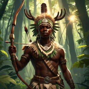 Depiction of Oxóssi, the God of the Forests, holding a bow and arrow.