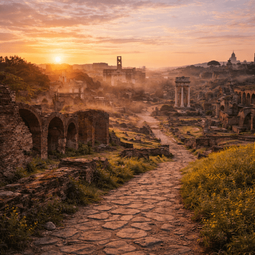 Image of Palatine Hill in Rome, showing ancient ruins and historical architecture.