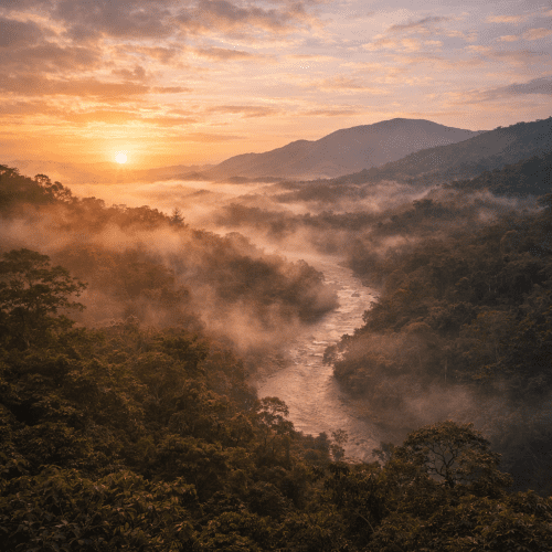 Mystical depiction of Upano Valley with ancient structures partially concealed by mist and tropical vegetation.
