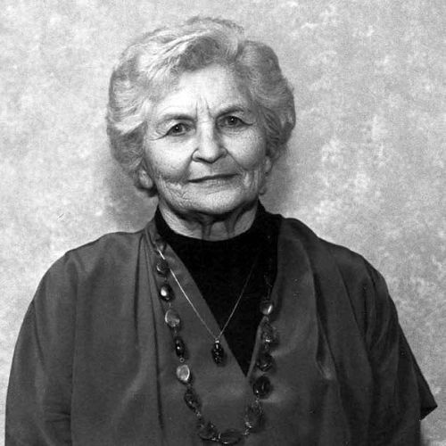 Portrait of Marija Gimbutas, renowned archaeologist and scholar, known for her work on prehistoric goddess cultures.