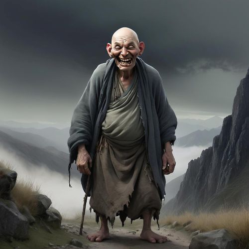 Digital artwork of Anchanchu standing on a narrow mountain pass between towering peaks