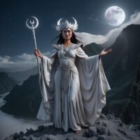 Mythlok - Apung Malyari Mythical image of Apung Malyari holding a crescent moon, surrounded by celestial patterns and cool hues.