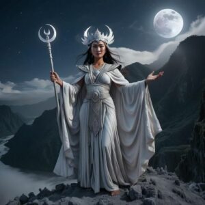 Graceful depiction of Apung Malyari bathed in moonlight, standing atop a mountain under a starlit sky.