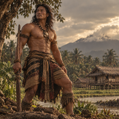 Baltog, the legendary hero of the Bicolano Ibalong epic, portrayed as a muscular warrior in traditional woven attire