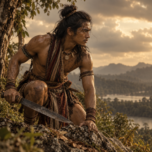 Bantong, the Bicolano hero of the Ibalong Epic, crouching with a weathered bolo in a forested landscape