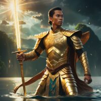 Mythlok - Bantugan Fantasy-style AI artwork of Bantugan standing on a cliffside, sword in hand and golden light reflecting off his ornate garments.