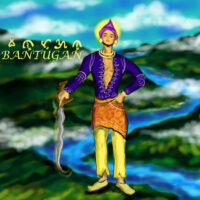 Mythlok - Bantugan Art Art of Bantugan in a dramatic battle stance, surrounded by stylized waves and wind, symbolizing his epic journey.