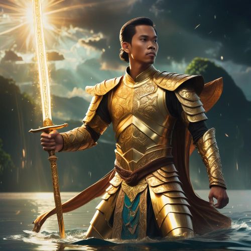 Image of Prince Bantugan, wearing ornate golden armor and holding a gleaming sword, standing confidently under a radiant sky.