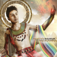 Mythlok - Barangaw actor Photo of an actor dressed as Barangaw, God of the Rainbow, wearing colorful robes and dramatic lighting to evoke divine presence.
