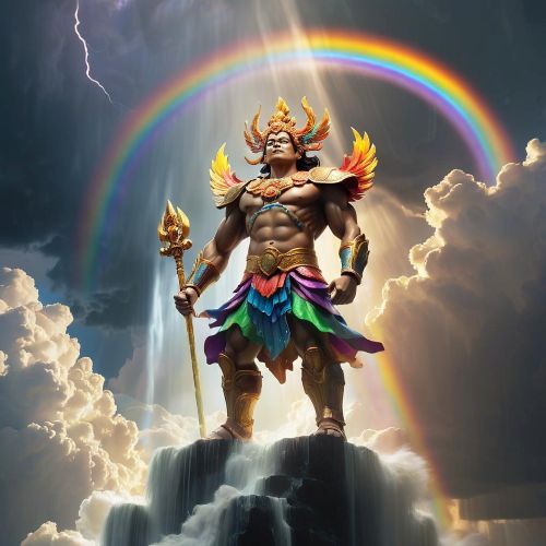 Image of Barangaw, the God of the Rainbow, standing on clouds with a radiant multicolored arc behind him.