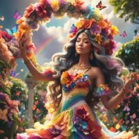 Mythlok - Bighari Modern digital artwork of Bighari in a vibrant field of wildflowers, with butterflies and flowing garments blending into the blooms.