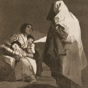 Portrait of a scared mother holding her children as a shadowy figure looms in front.