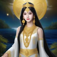Mythlok - Buan art Illustration of Buan, the moon goddess adorned with golden jewels