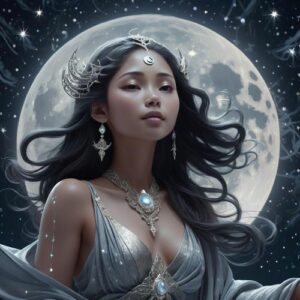 Digital creation depicting Buan, the serene moon goddess surrounded by stars