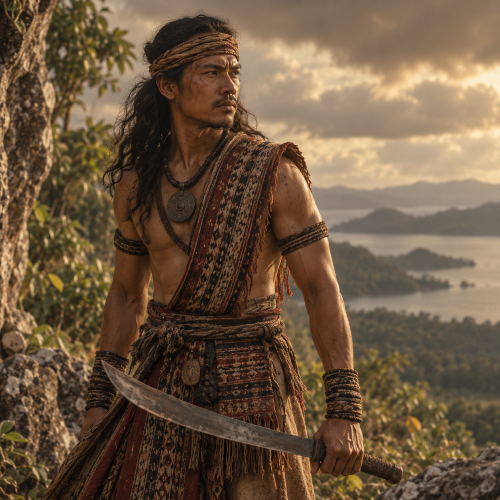Buyong Matanayon, the skilled swordsman from Philippine mythology, stands in traditional woven attire holding a weathered curved sword against a rugged, forested landscape inspired by the world of Hinilawod.