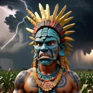 Image of Cocijo with lightning-shaped eyebrows and a fierce expression, standing beneath storm clouds with rain pouring around him.